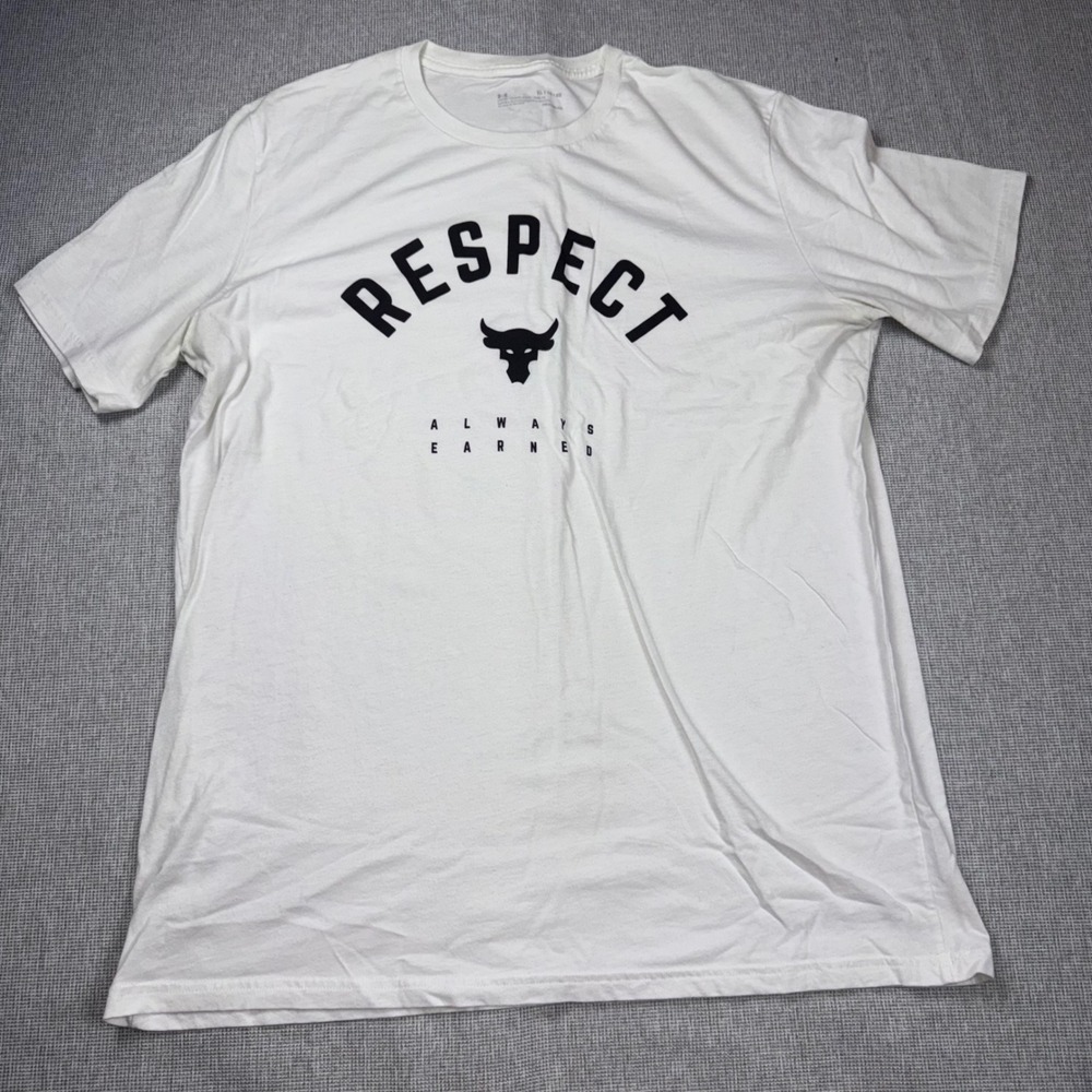 Under Armour Project Rock Respect Always Earned Brahma Bull White T-Shirt XL